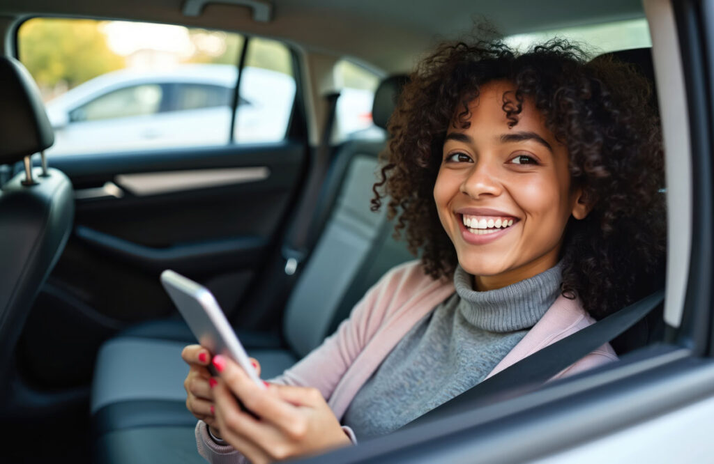 Young woman smiles using smartphone in car backseat.