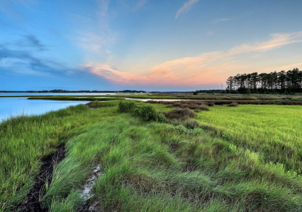 Sunset over the marsh waters in the Middle Peninsula of Virginia